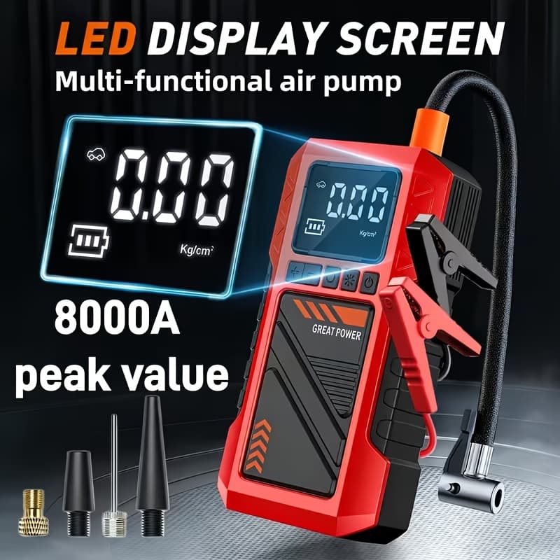 Compressor de Ar Portátil para Pneus 10 em 1 Aprimorado 180 PSI, Inflador, com Bateria Embutida de Alta Capacidade 8000mAh, Pacote de Partida de Emergência para Carro de Alta Resistência 8000A, Partida de Emergência Automotiva, com Visor Digital e Lanterna LED, Construção Durável, Detecção de 4