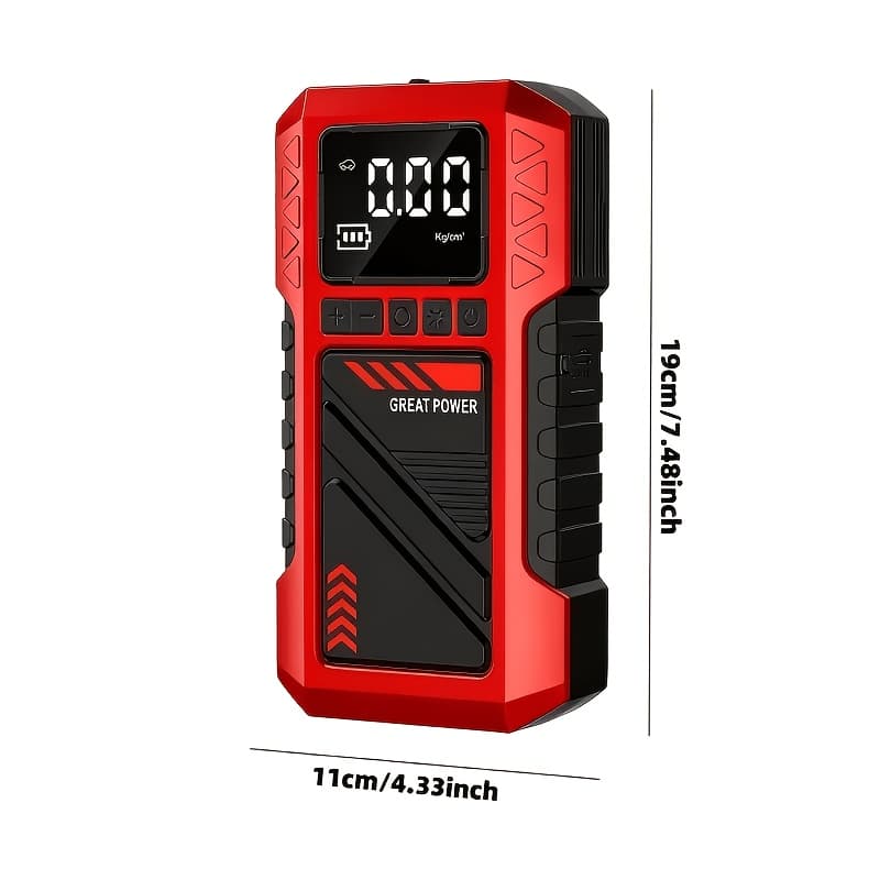 Compressor de Ar Portátil para Pneus 10 em 1 Aprimorado 180 PSI, Inflador, com Bateria Embutida de Alta Capacidade 8000mAh, Pacote de Partida de Emergência para Carro de Alta Resistência 8000A, Partida de Emergência Automotiva, com Visor Digital e Lanterna LED, Construção Durável, Detecção de 5