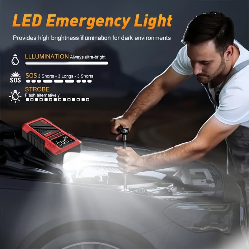 Compressor de Ar Portátil para Pneus 10 em 1 Aprimorado 180 PSI, Inflador, com Bateria Embutida de Alta Capacidade 8000mAh, Pacote de Partida de Emergência para Carro de Alta Resistência 8000A, Partida de Emergência Automotiva, com Visor Digital e Lanterna LED, Construção Durável, Detecção de 9