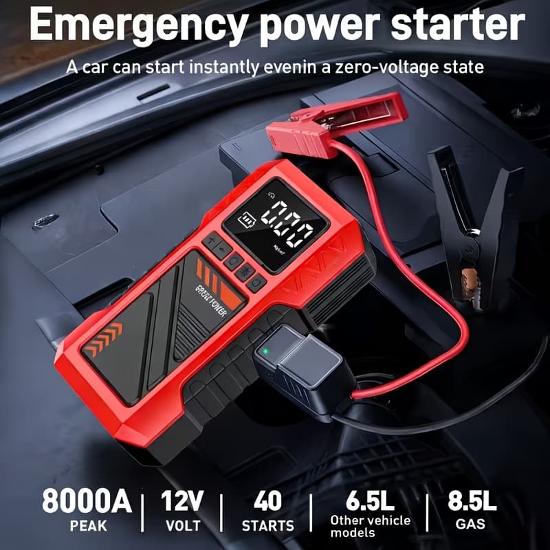 Compressor de Ar Portátil para Pneus 10 em 1 Aprimorado 180 PSI, Inflador, com Bateria Embutida de Alta Capacidade 8000mAh, Pacote de Partida de Emergência para Carro de Alta Resistência 8000A, Partida de Emergência Automotiva, com Visor Digital e Lanterna LED, Construção Durável, Detecção de 6