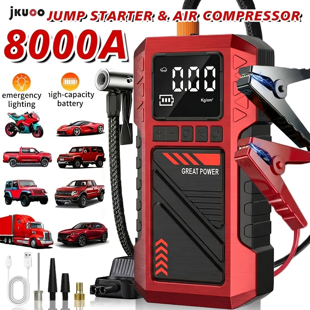 Compressor de Ar Portátil para Pneus 10 em 1 Aprimorado 180 PSI, Inflador, com Bateria Embutida de Alta Capacidade 8000mAh, Pacote de Partida de Emergência para Carro de Alta Resistência 8000A, Partida de Emergência Automotiva, com Visor Digital e Lanterna LED, Construção Durável, Detecção de