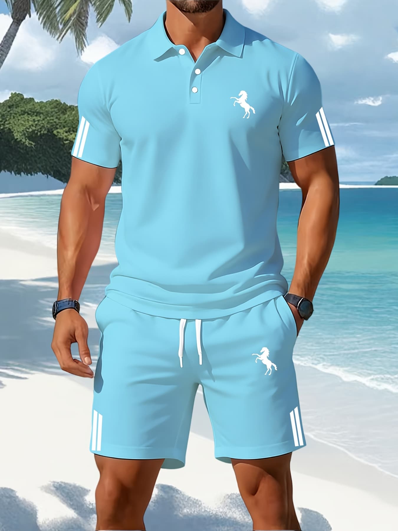 Conjunto de Camisa Polo de Viagem de Verão para Homem, Traje de Férias Estilo Levemente Maduro, Conjunto Completo