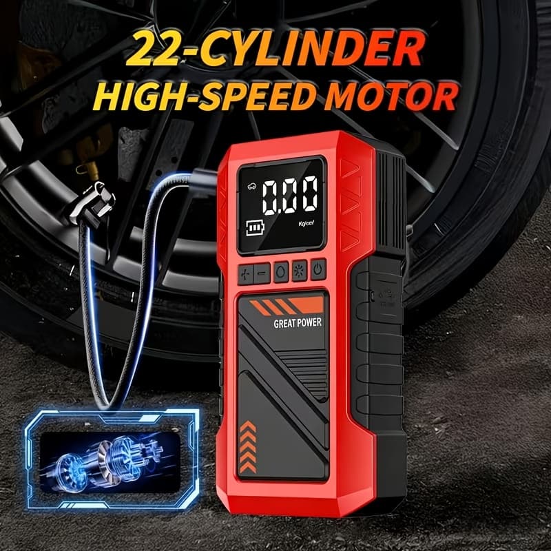 Compressor de Ar Portátil para Pneus 10 em 1 Aprimorado 180 PSI, Inflador, com Bateria Embutida de Alta Capacidade 8000mAh, Pacote de Partida de Emergência para Carro de Alta Resistência 8000A, Partida de Emergência Automotiva, com Visor Digital e Lanterna LED, Construção Durável, Detecção de 8