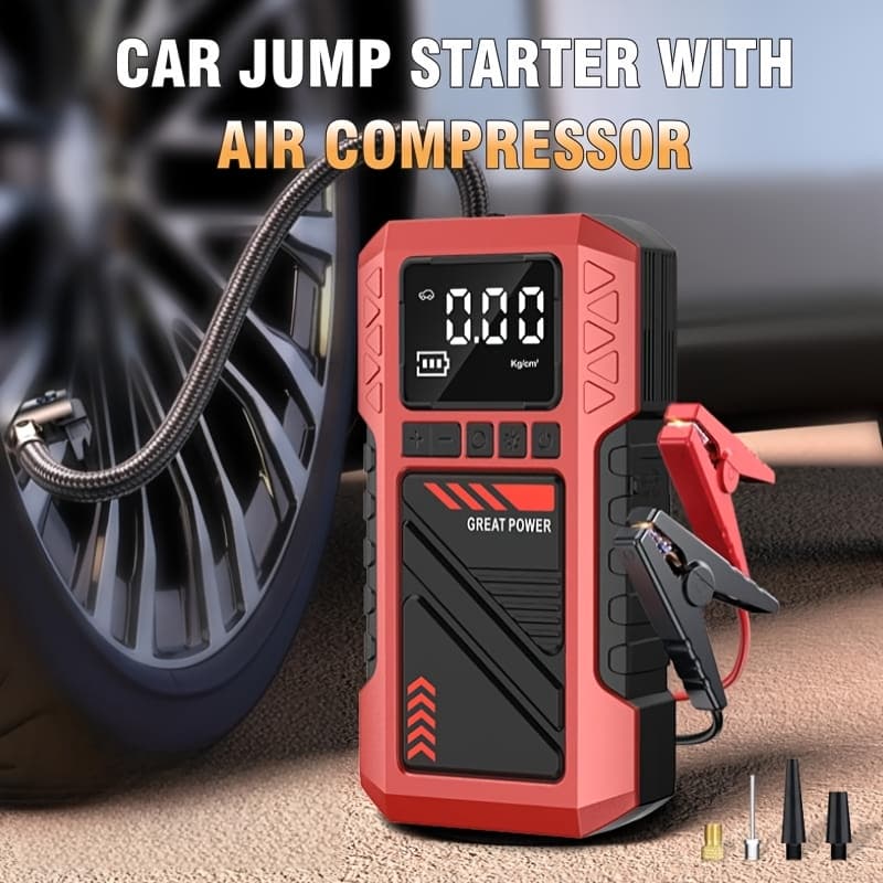 Compressor de Ar Portátil para Pneus 10 em 1 Aprimorado 180 PSI, Inflador, com Bateria Embutida de Alta Capacidade 8000mAh, Pacote de Partida de Emergência para Carro de Alta Resistência 8000A, Partida de Emergência Automotiva, com Visor Digital e Lanterna LED, Construção Durável, Detecção de 3