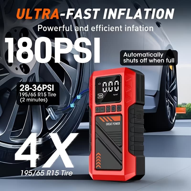 Compressor de Ar Portátil para Pneus 10 em 1 Aprimorado 180 PSI, Inflador, com Bateria Embutida de Alta Capacidade 8000mAh, Pacote de Partida de Emergência para Carro de Alta Resistência 8000A, Partida de Emergência Automotiva, com Visor Digital e Lanterna LED, Construção Durável, Detecção de 7
