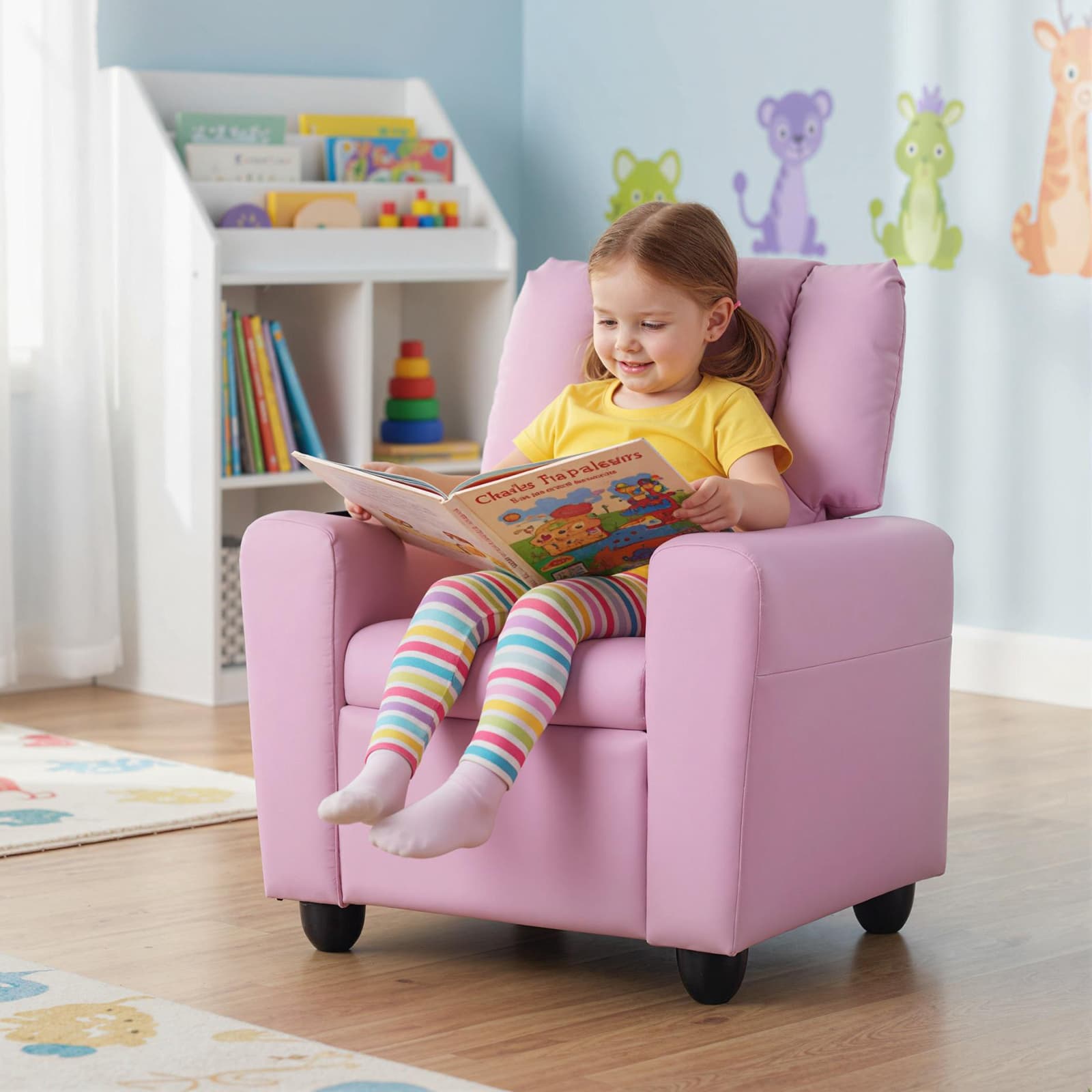 Sofás para Crianças, Sofás com Porta-Copos e Apoio de Pés Ajustável para Sala de Estar e Sala de Jogos, Cadeira de Sofá para Meninas com Idade Superior a 3 Anos, Rosa 3