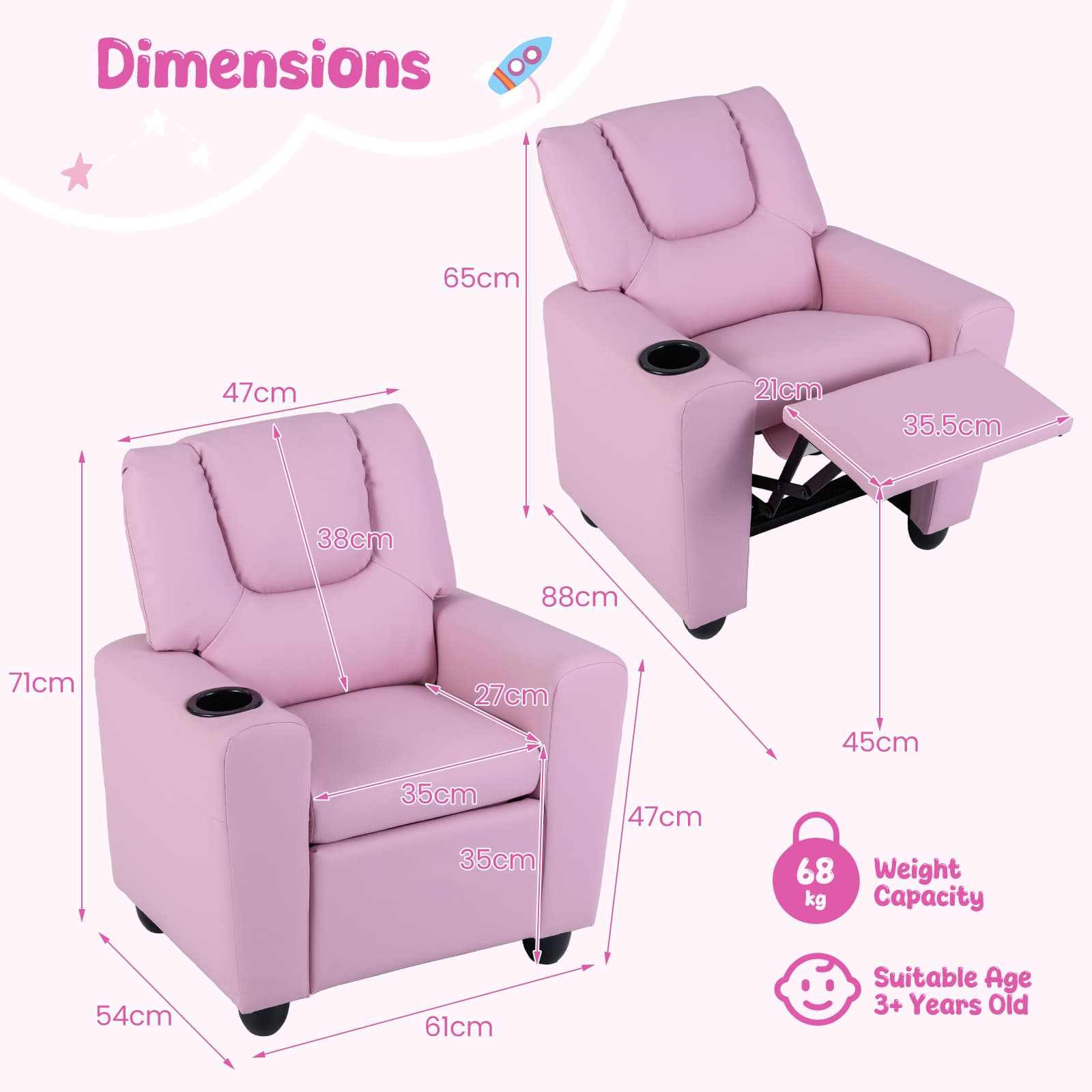 Sofás para Crianças, Sofás com Porta-Copos e Apoio de Pés Ajustável para Sala de Estar e Sala de Jogos, Cadeira de Sofá para Meninas com Idade Superior a 3 Anos, Rosa 2